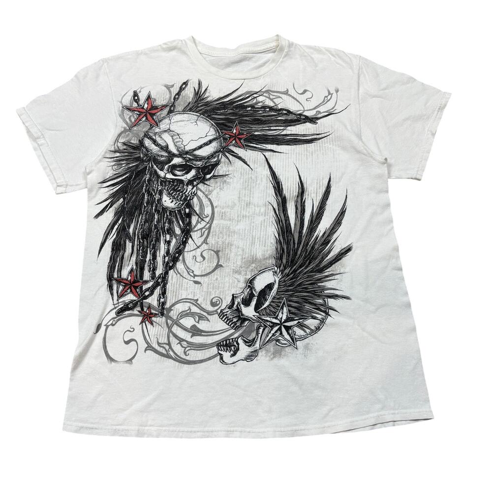 Y2K Grunge Skull Chain Feathers Short Sleeve T Shirt Men's Large Biker